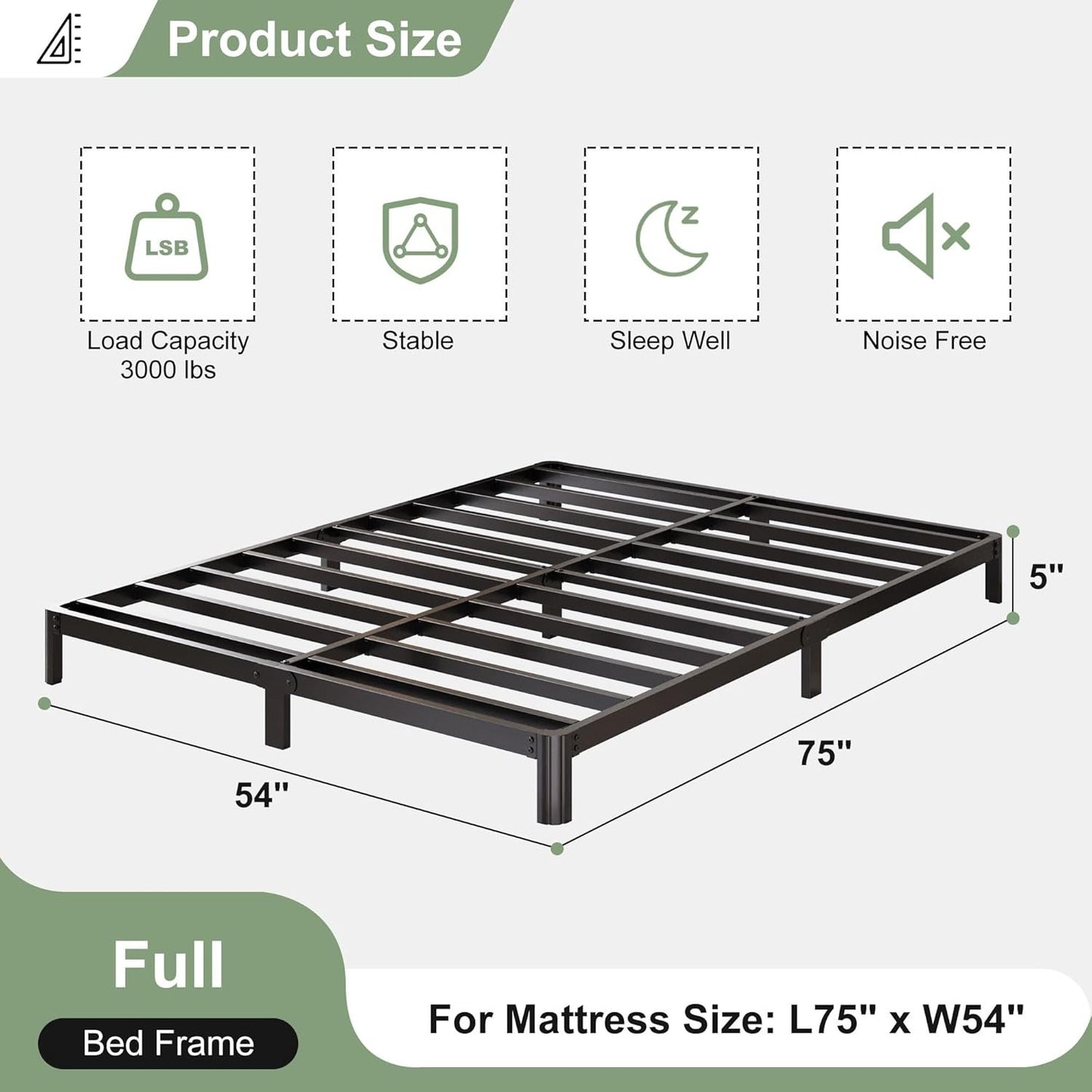 Lutown-Teen 5 Inch Low Full Size Bed Frame with Rounded Corner Legs, 200 LBS Heavy Duty Metal Full Platform Bed Frame No Box Spring Needed, Noise Free, Easy Assembly, Black