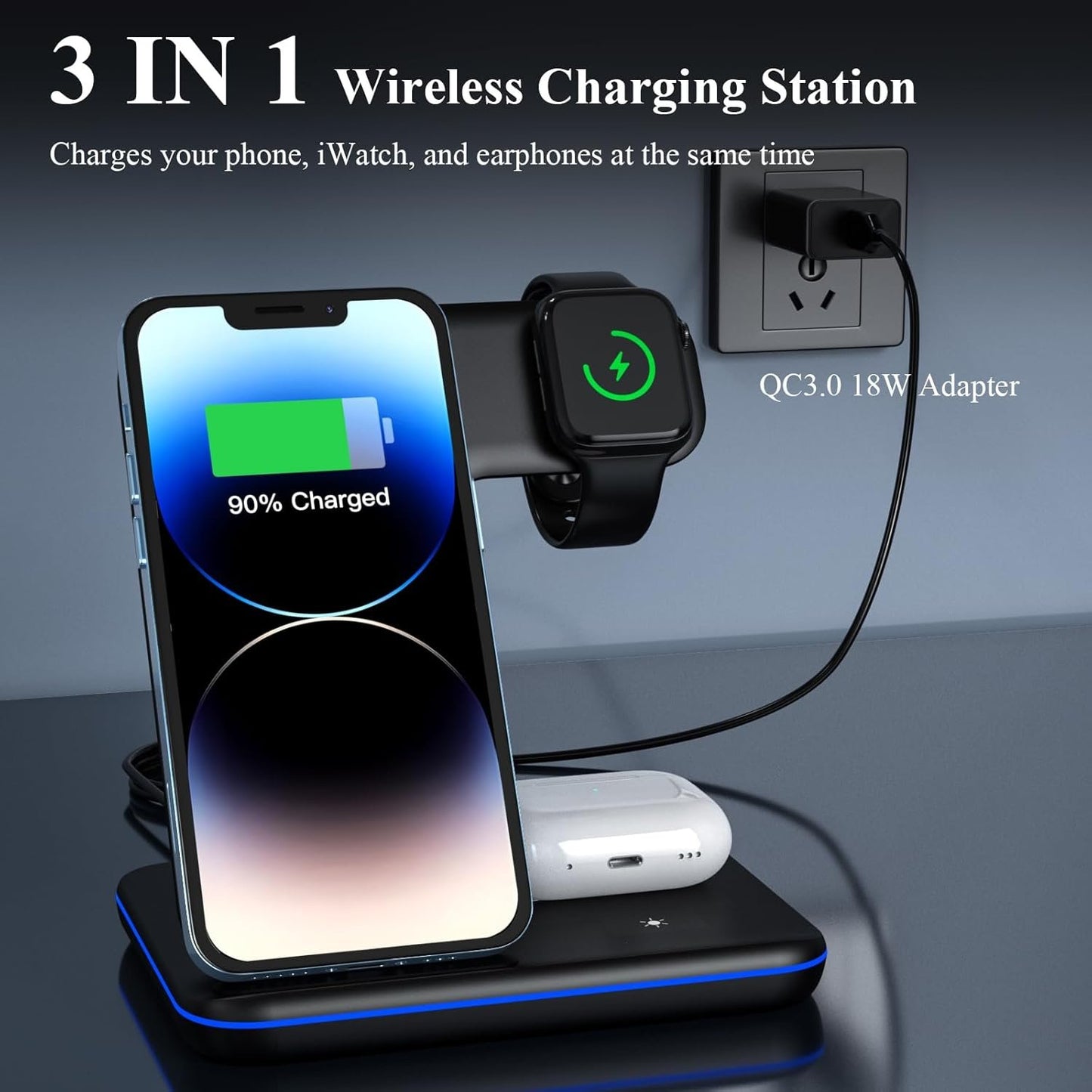 Minthouz Wireless Charger, 15W iPhone Charging Station for Multiple Devices iPhone Watch, AirPods, 3IN1 Wireless Charger Stand Compatible with iPhone 15/14/13/12/11 (with Adapter)