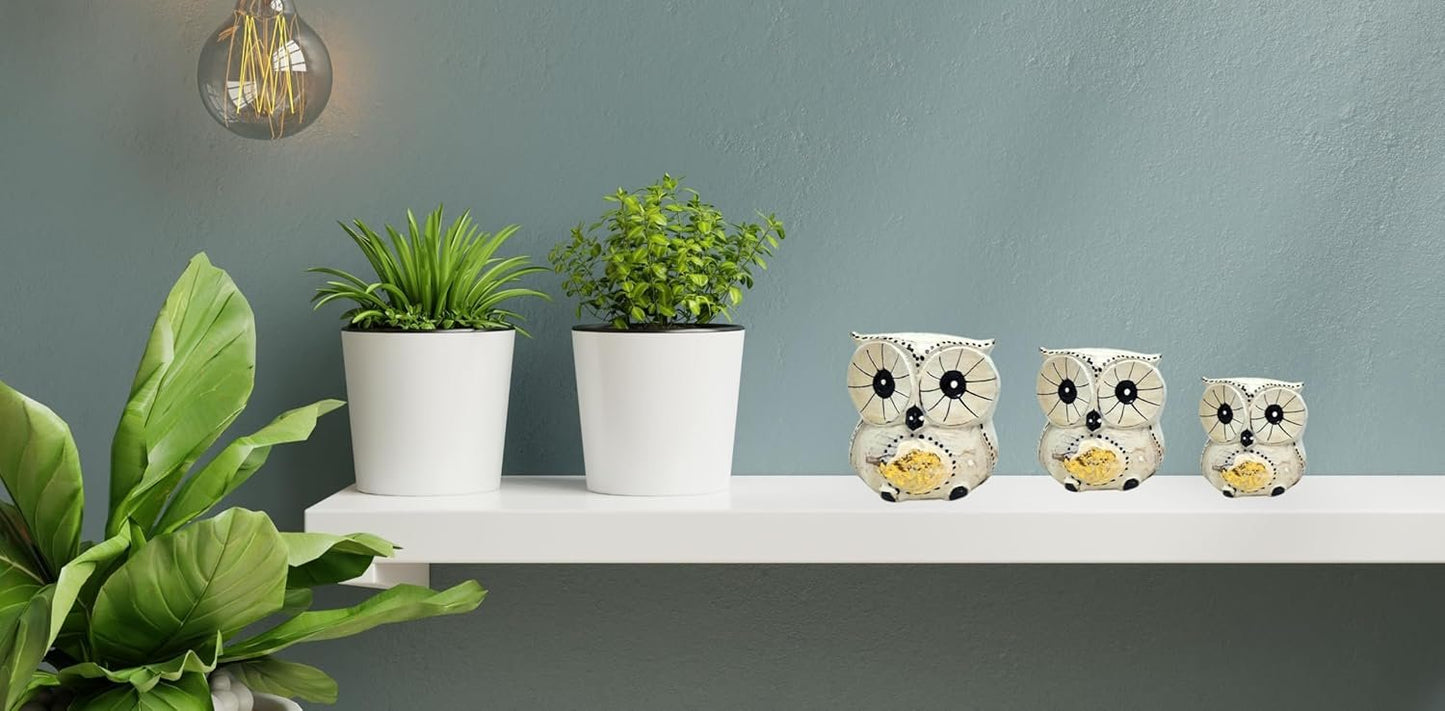 SusggO - Set of 3 Wooden Owls Decoration Hand Carved Lucky Owl Art Furniture Decoration (White Gold Details)