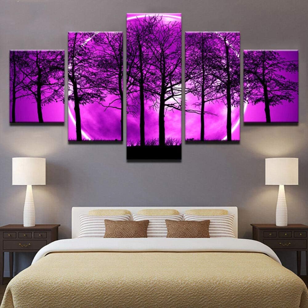 ZHRMGHG Stampa Artistica A 5 Pannelli Quadro su Tela - Oggettistica per La Casa Notte Viola Luna - Adatto per Soggiorno Camera da Letto Decorazione Moderna La Casa Stampa Artistica