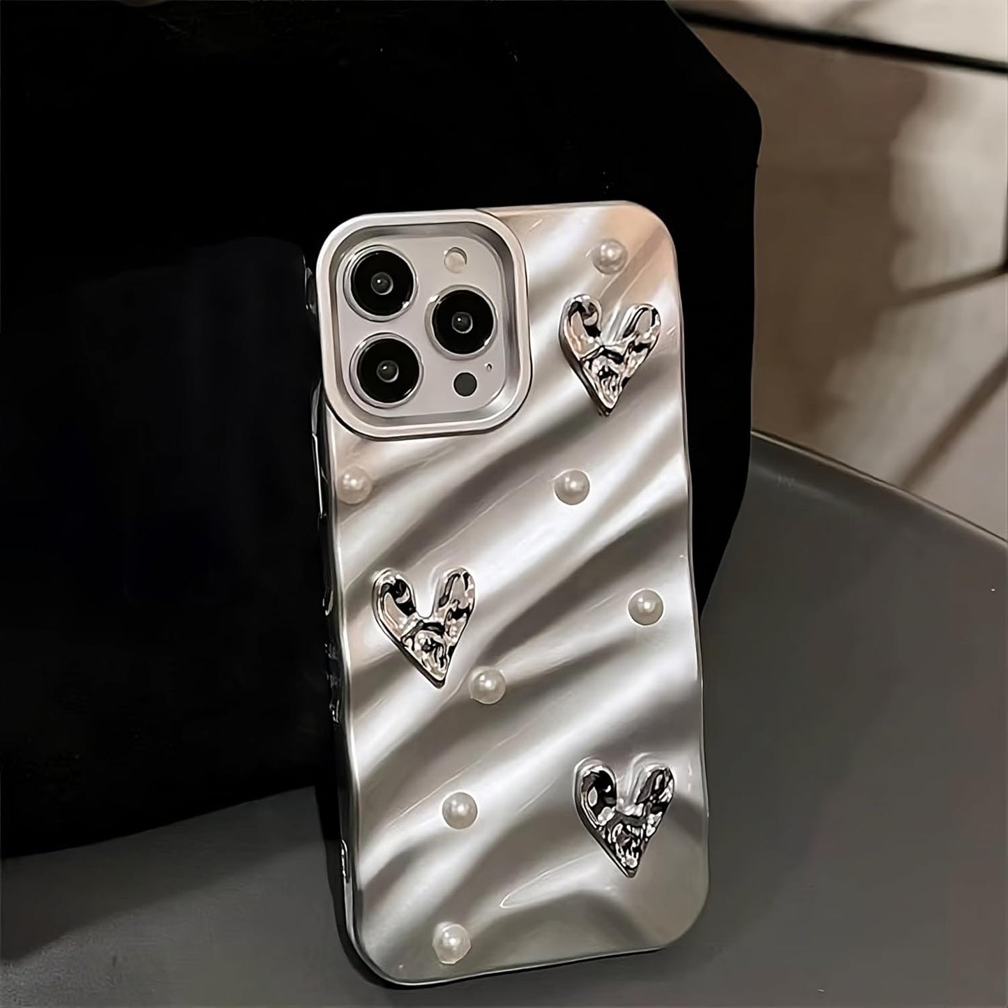 TECH Work Designed for iPhone 15 Pro Max Case, Silver Diamond Heart Fancy Luxury Designer Case for Women Girls, Shockproof Body Cover