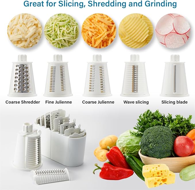 Rotary Cheese Grater Hand Crank, 5-in-1 Rotary Cheese Grater, Stronger Suction, Easy to Clean Grater for Fruit, Vegetables, Nuts, Black