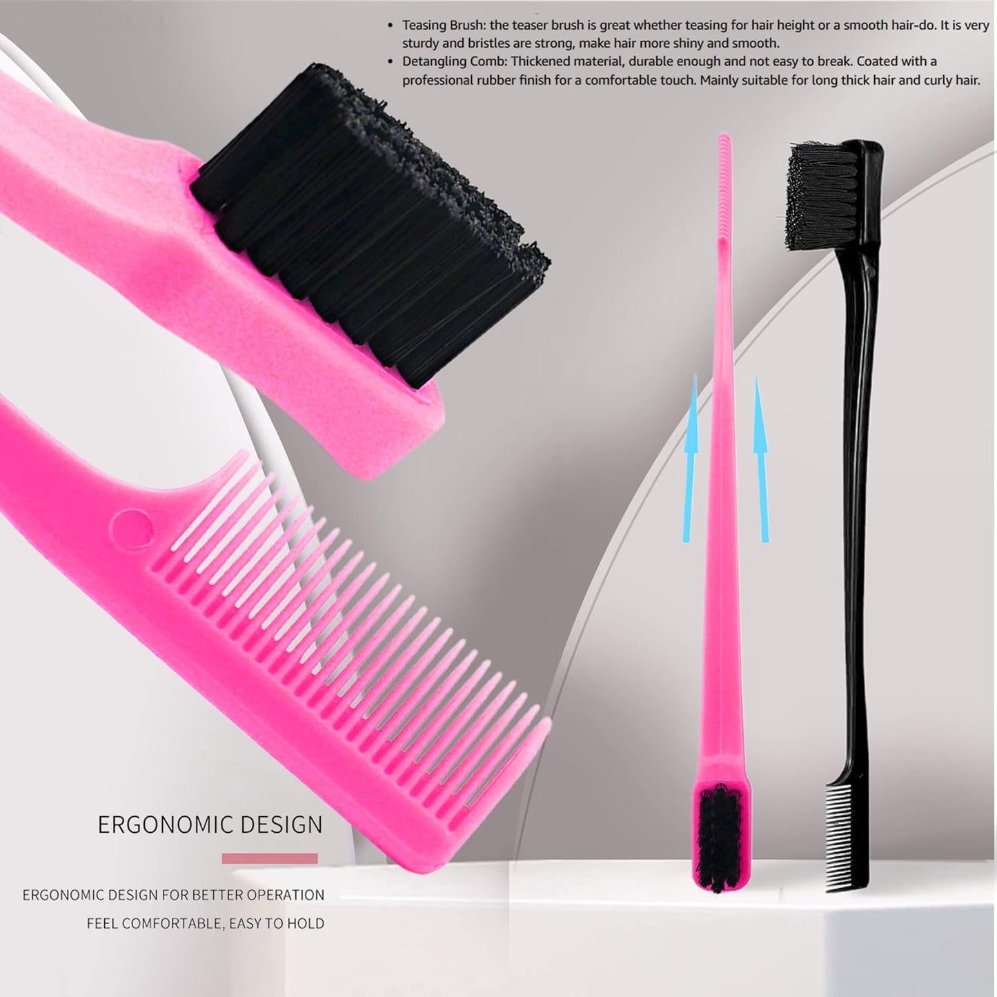 (Combo (Pink & Black)) - MayaBeauty Double Sided Edge Control Hair Brush Comb Combo Pack 2 Pieces Pink and Black