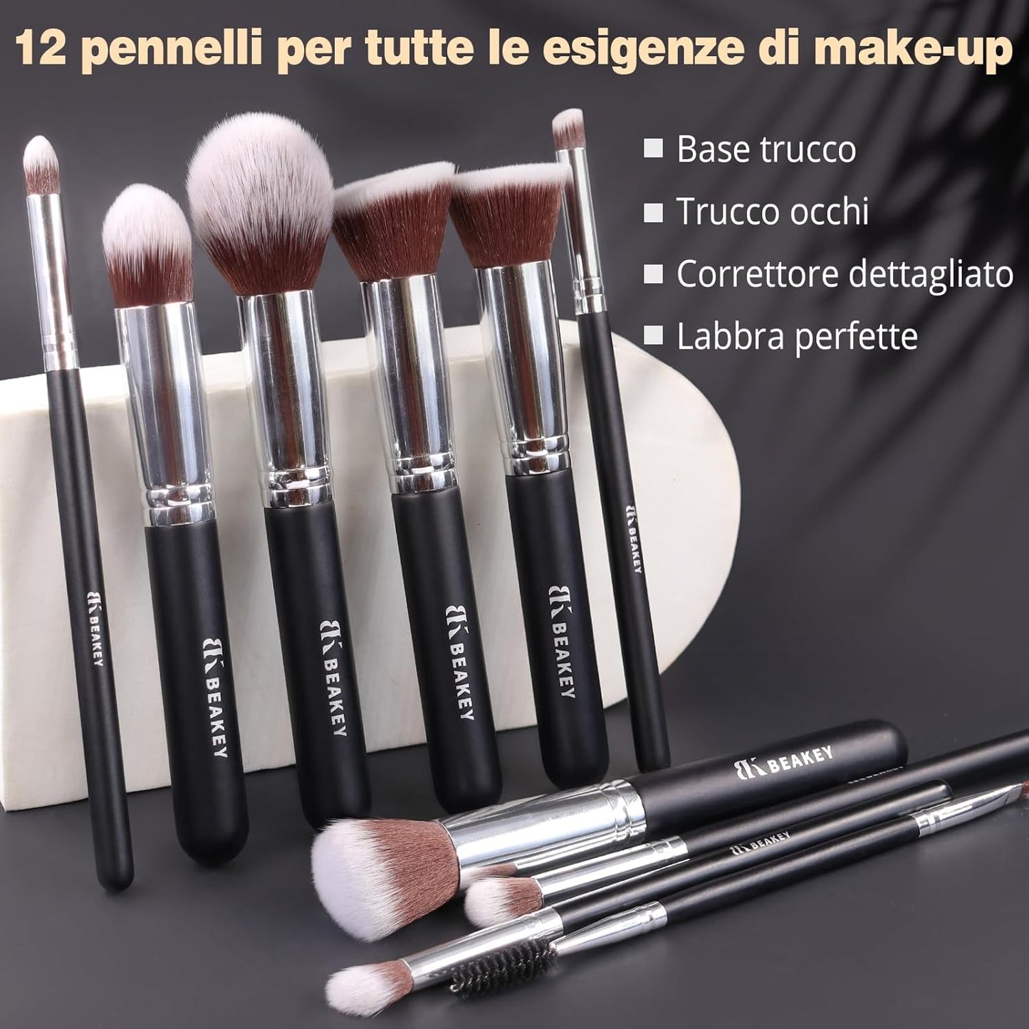 BEAKEY Premium Synthetic Makeup Brushes Set for Foundation Powder Blush Eyeshadow Brush Set Make Up Brush Kit with Sponge and Blender Beauty (10+2pcs, Black/Silver)
