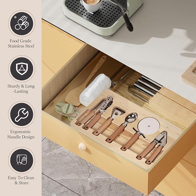Stainless Steel Kitchen Gadget with Wood Organizer - Can Opener, Vegetable Peeler, Ice Cream Scoop, Pizza Cutter, Garlic Press - Kitchen Tools and Gadgets 2025 Cooking Kitchen Essentials