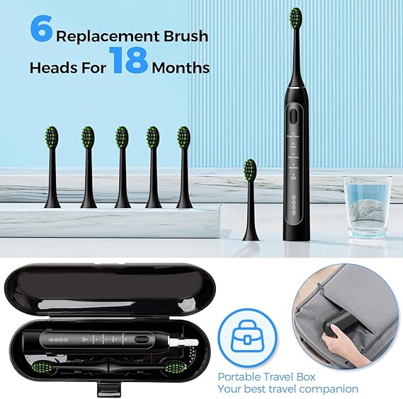Electric Toothbrush for Adults – 42000 VPM Deep Clean Sonic Toothbrush with 6 Dupont Brush Heads & Travel Case, 4 Modes, 2-Minute Smart Timer, IPX7 Waterproof & USB Rechargeable