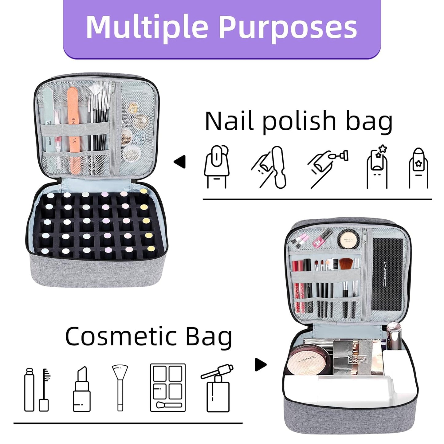 Nail Polish Organizer Double layer Nail Polish Case for Nail Dryer Lamp Holds 30 Bottles (15ml - 0.5 fl.oz) Portable Nail Storage Organizer for Nail Tech (Gray)
