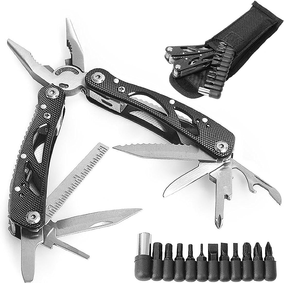 24-in-1 Portable Multitool Pliers/Multifunctional Portable Survival Tool/Folding Pocket Size Multipurpose Outdoor Knife,Plier,Clamp (Black)