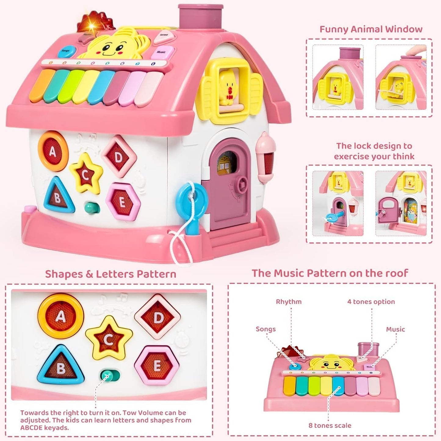 Toys for 1+ Year Old Girls, Montessori Toddlers Toys with Sound/Lights/Music/Clock/Telephone/Car 6 in 1 Multi-Functional House, Early Educational Birthday Girl and Boy