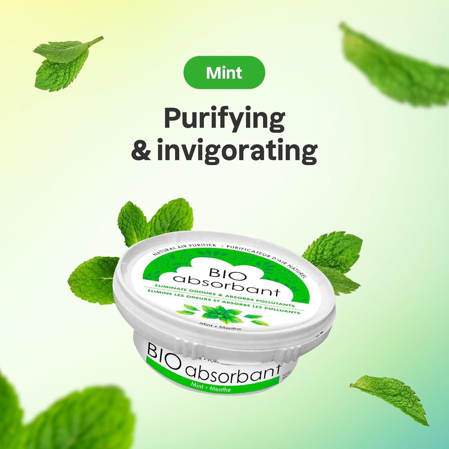 ATTITUDE Bio Absorbant Air Purifier with Activated Carbon Freshener, Made in Canada, Odor Remover, Plant and Mineral-Based, Vegan, Mint, 227 grams