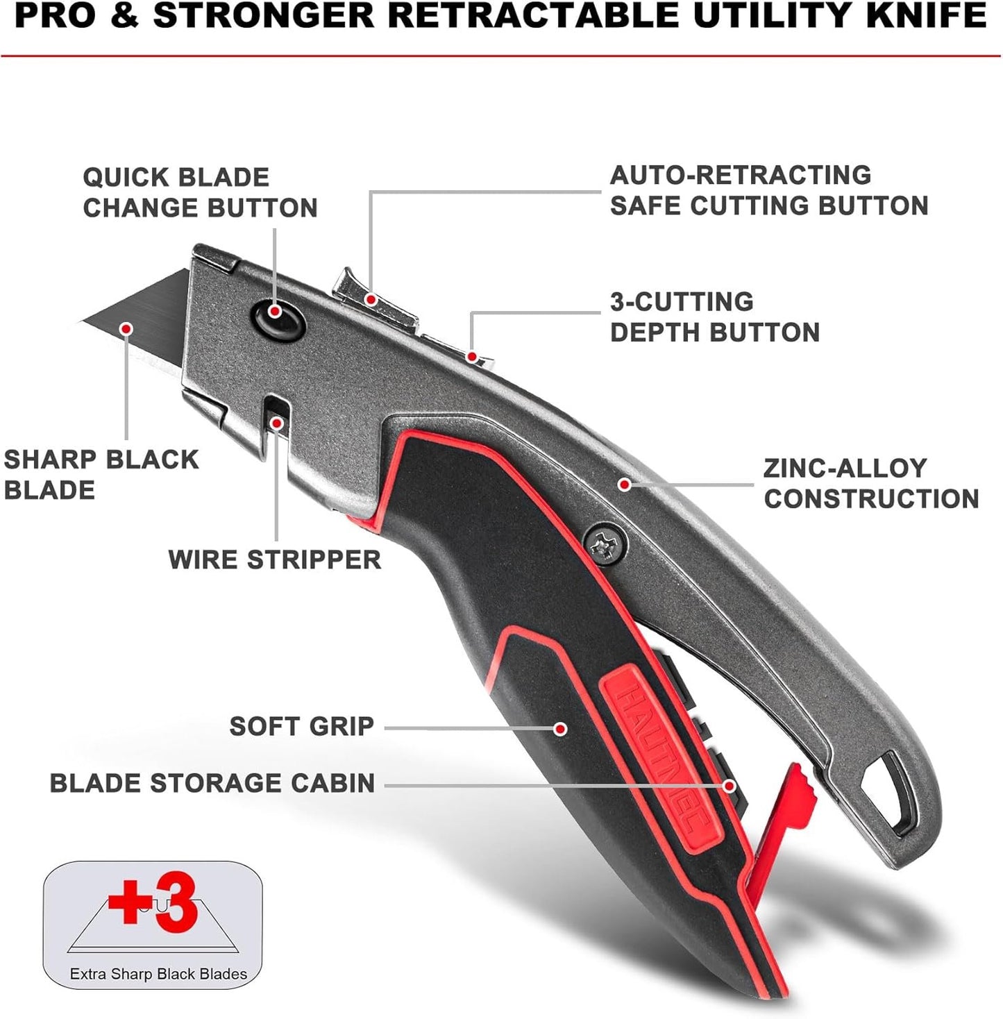 HAUTMEC Heavy Duty Utility Knife With Dual Cutting Mechanism: Safety Auto-Retracting Cutting and Precision 3 Position Depth Tough Cutting, Professional Box Cutter With 3 Black Sk4 Blades, HT0311
