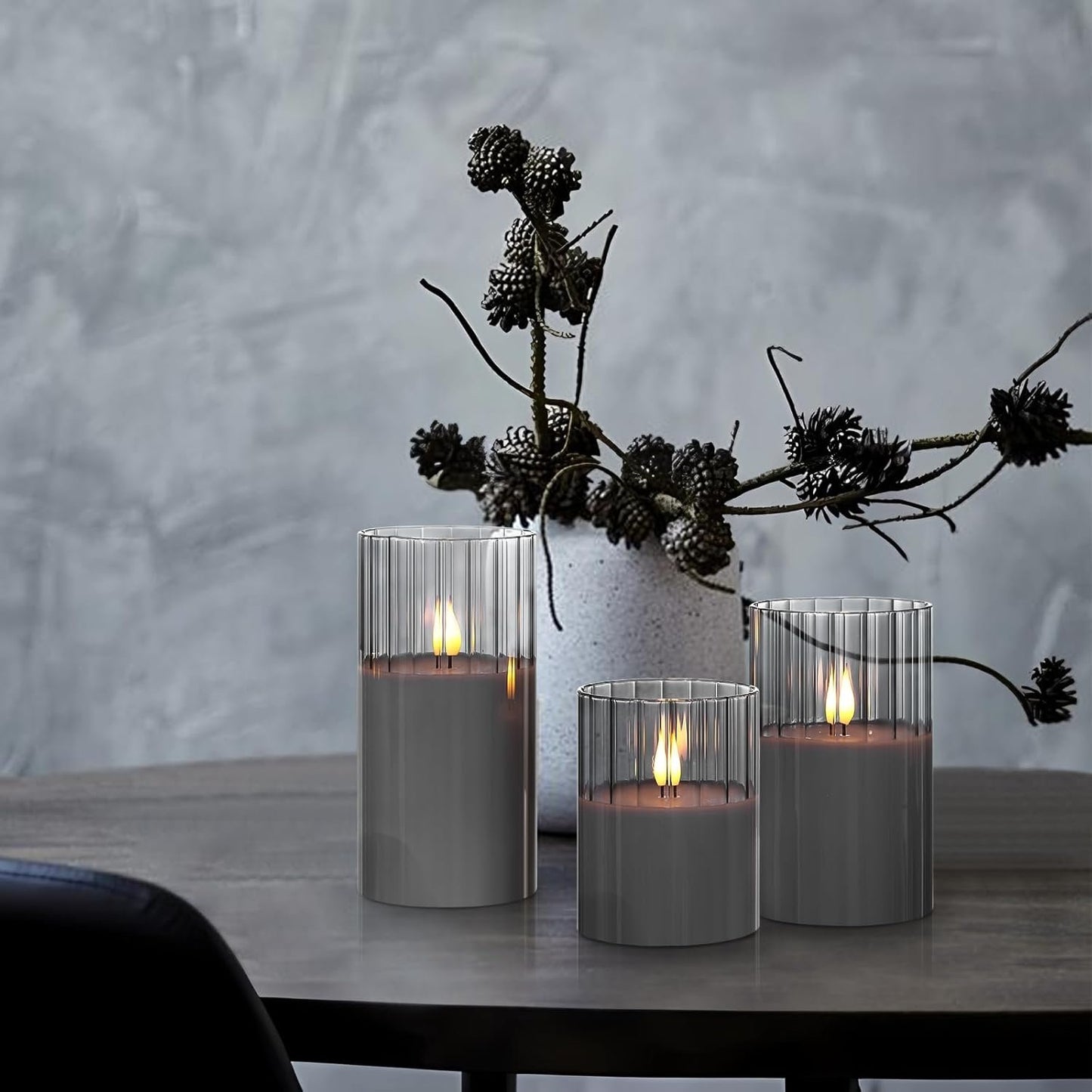 Rhytsing Smoked Ribbed Glass Battery Operated LED Candles with Remote, Flameless Candle with Timer Gift Set for Home Decor, Warm White Lights- Include 6 Batteries - Set of 3