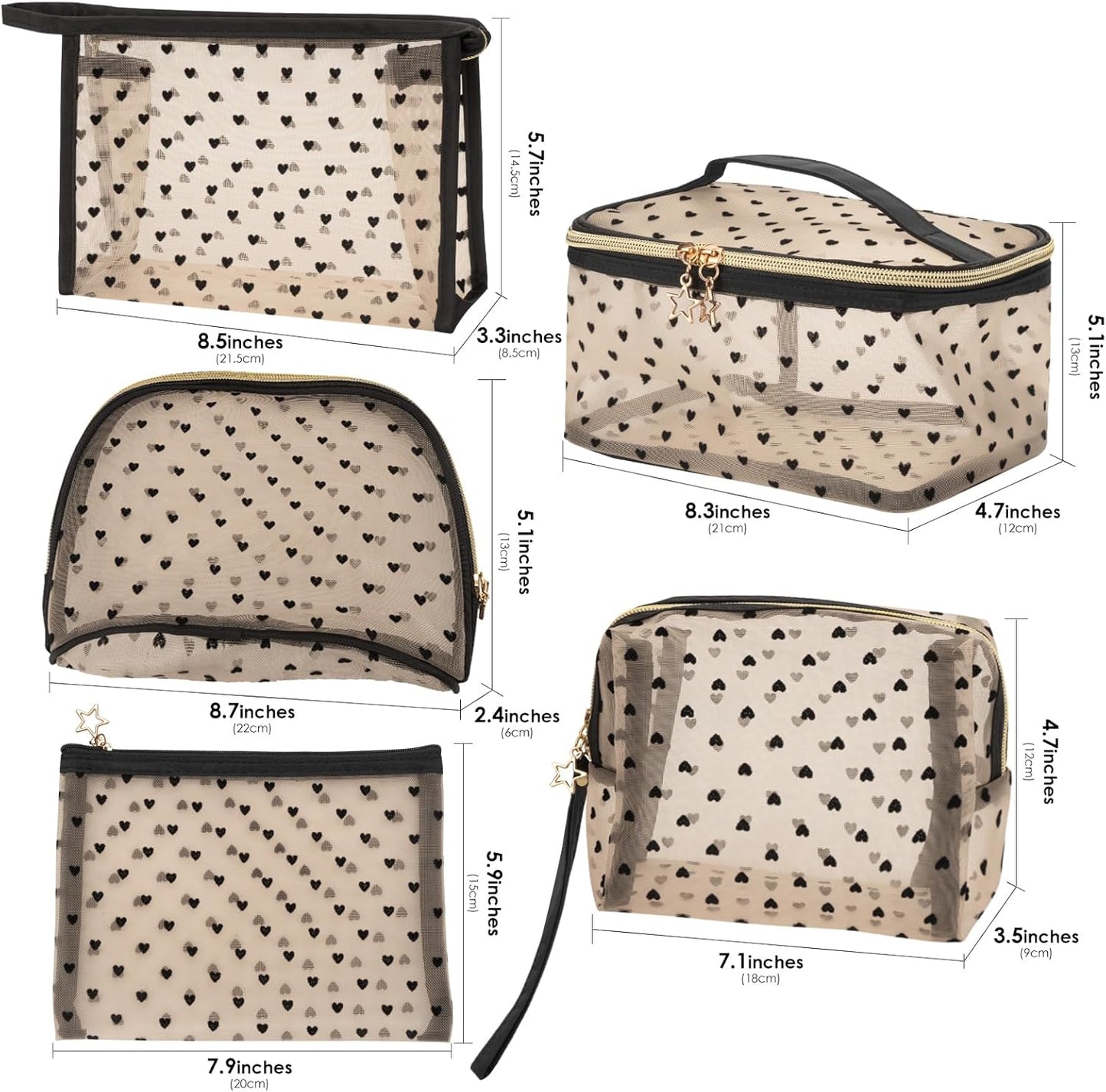 Adorila Mesh Makeup Bags, Heart Print Zipper Mesh Storage Pouch, Travel Cosmetic Accessories Organizer for Women, beige-set of 5