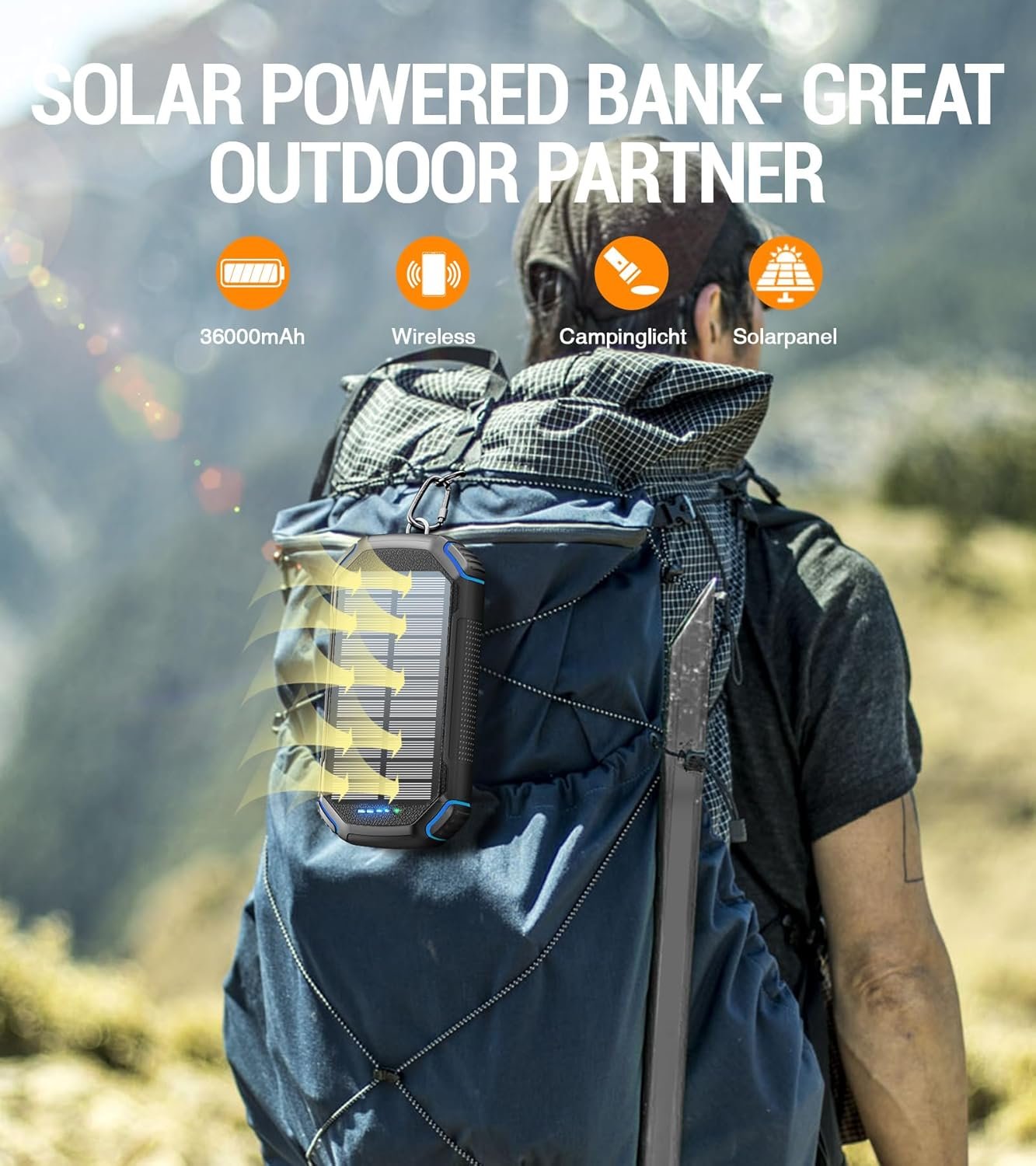 Wireless-36000mAh-Power Bank, Portable Battery Pack with 3 Built-in Cables, Waterproof Solar Charger 4 Outputs 3 Inputs, USB C 3 LED Flashlight, Solar Battery Bank for iPhone Tablet
