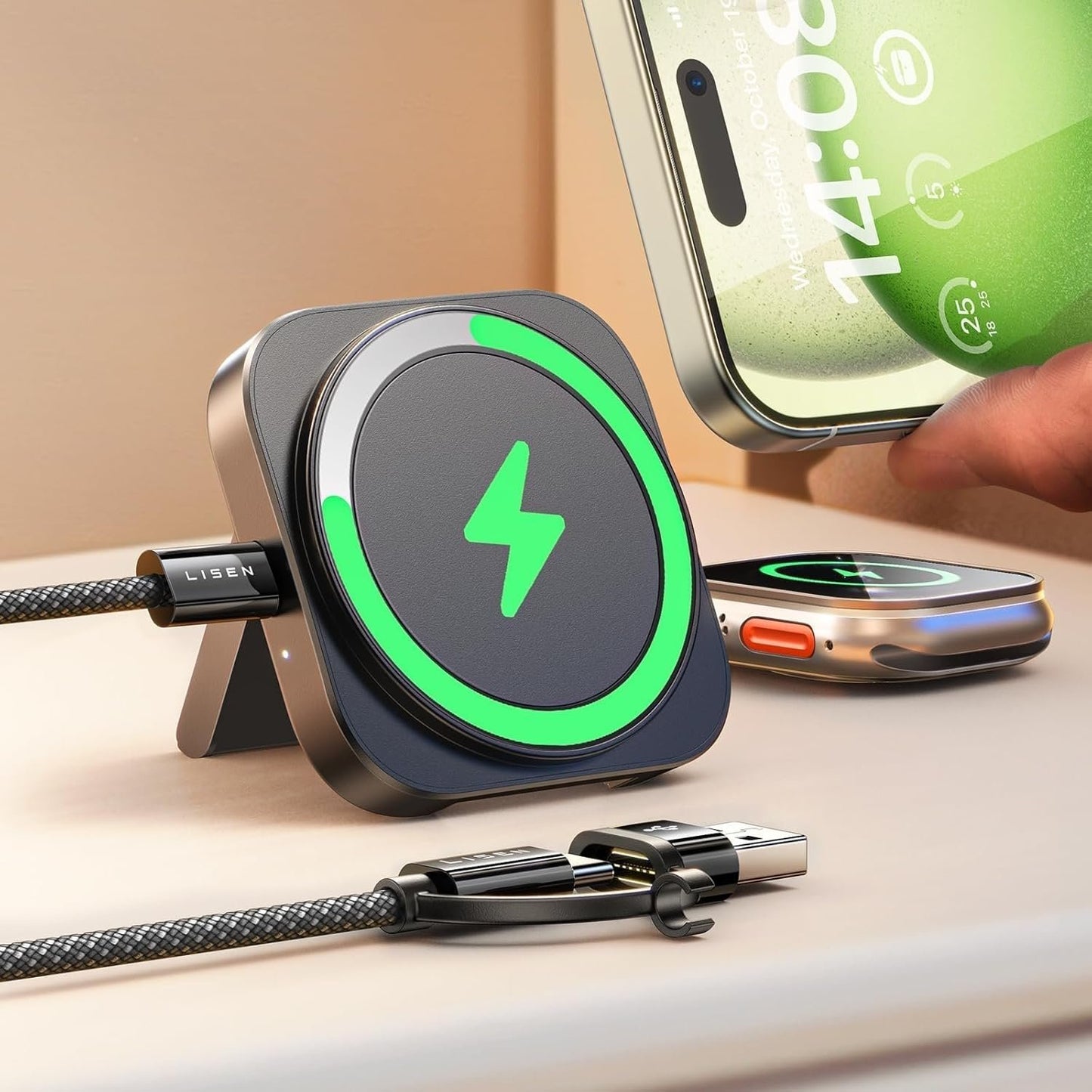 LISEN Magsafe Charger Apple Watch 2 in 1 Wireless Charging Station Magnetic Charging Pad Magsafe Charger Stand Travel Charger for Multiple Devices Fits iPhone 16 Apple Watch Airpods(Black)