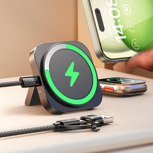 LISEN Magsafe Charger Apple Watch 2 in 1 Wireless Charging Station Magnetic Charging Pad Magsafe Charger Stand Travel Charger for Multiple Devices Fits iPhone 16 Apple Watch Airpods(Black)