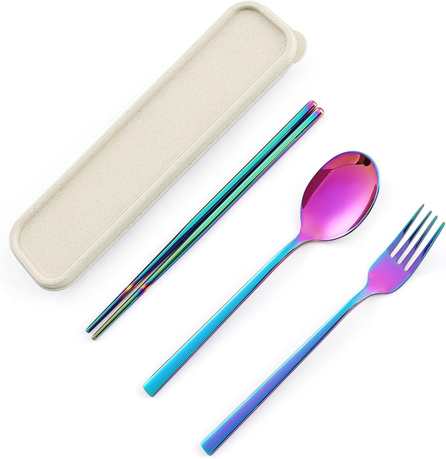 Camping Flatware 3PCS, Stainless Steel Travel Outdoor PVD Rainbow Cutlery Utensils Set Chopsticks Spoon Fork. Portable Work Utensils Cutlery Set with a Wheat Straw Case (Rainbow)