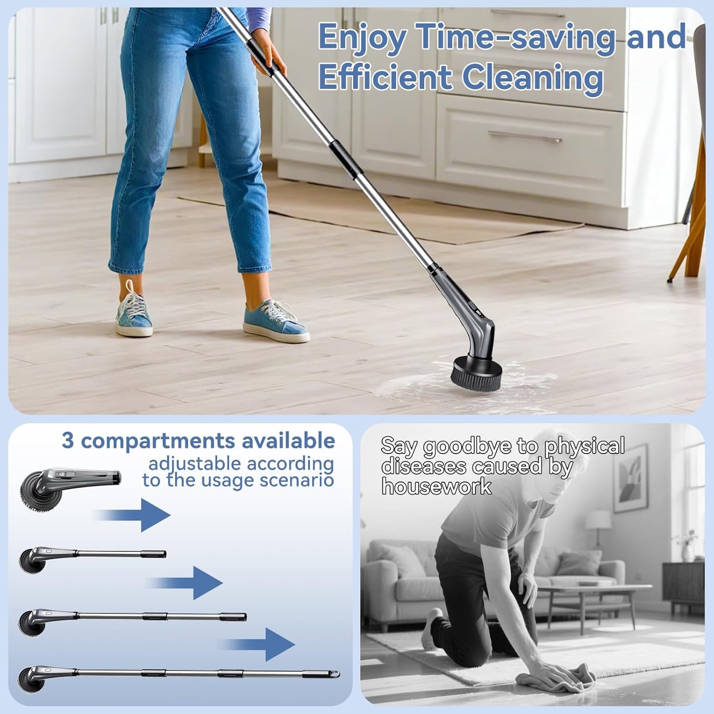 HEY BANK Electric Spin Scrubber - 17in1 Cordless Electrical Cleaning Brush, Shower Scrubber with 2 Speed & 10 Brush Heads, Power Scrubber with Adjustable Extension Handle for Bathtub Grout Tile Floor
