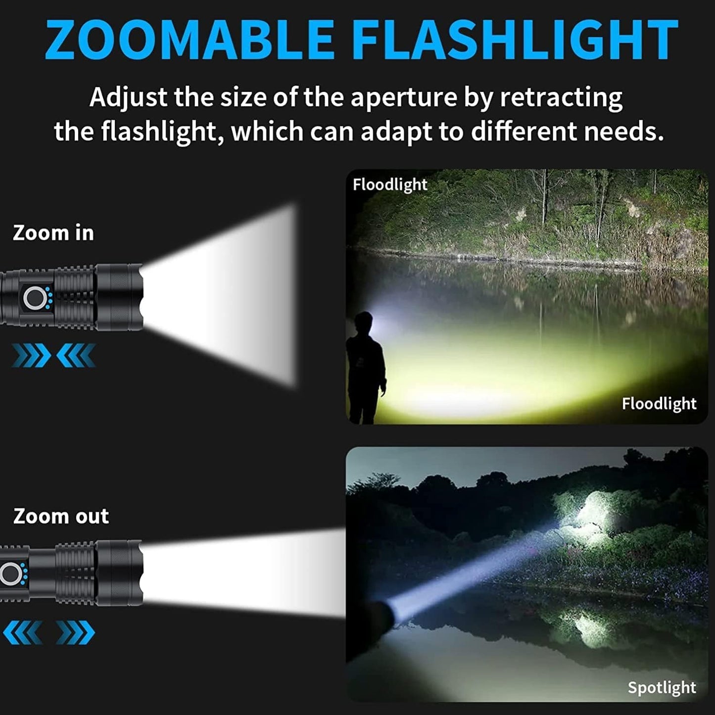 Rechargeable Flashlights High Lumens, 100000 Lumen Super Bright Tactical Flashlight, XHP 90 LED Flashlight, Tactical Flashlight with Zoomable, Waterproof, 5Modes for Camping and Emergencies