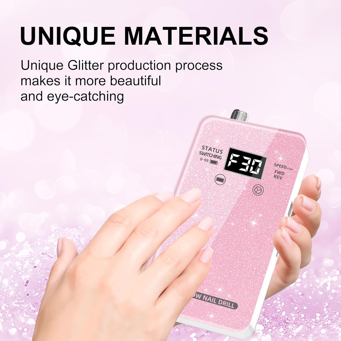 Professional Electric Nail Drill File:COSYGLOW Glitter Portable Cordless E-File Nail Drill Kit with 11 Drill Bits,30000 RPM Rechargeable Nail Drills Machine for Acrylic Nails Gel Polishing(Pink)