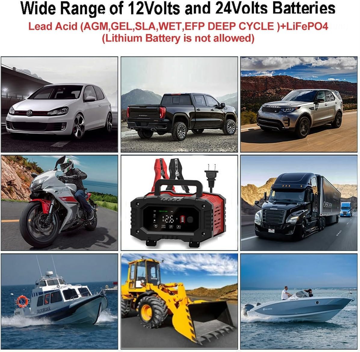 20-Amp Car Battery Charger, 12V/20A and 24V/10A LiFePO4,Lead-Acid(AGM/Gel/SLA) Automatic Smart Trickle Charger Maintainer,Desulfator, 300W Fast Charging for Automotive Truck Motorcycle Lawn Mower Boat