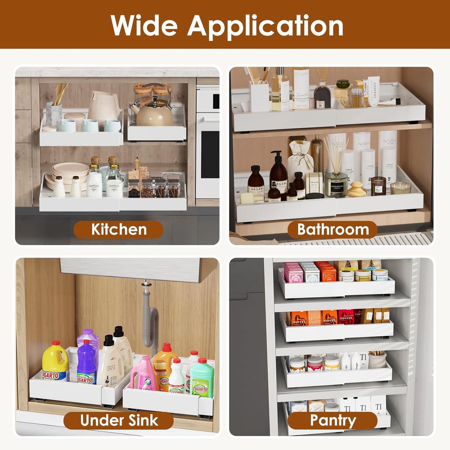 1 Pack Expandable Pull Out Cabinet Organizer 21" Deep, Adjustable Width 12.6"-20.5", No Drill Adhesive with Triple Track Rails, Heavy Duty Slide Out Drawers for Kitchen, Pantry, Cabinets,White