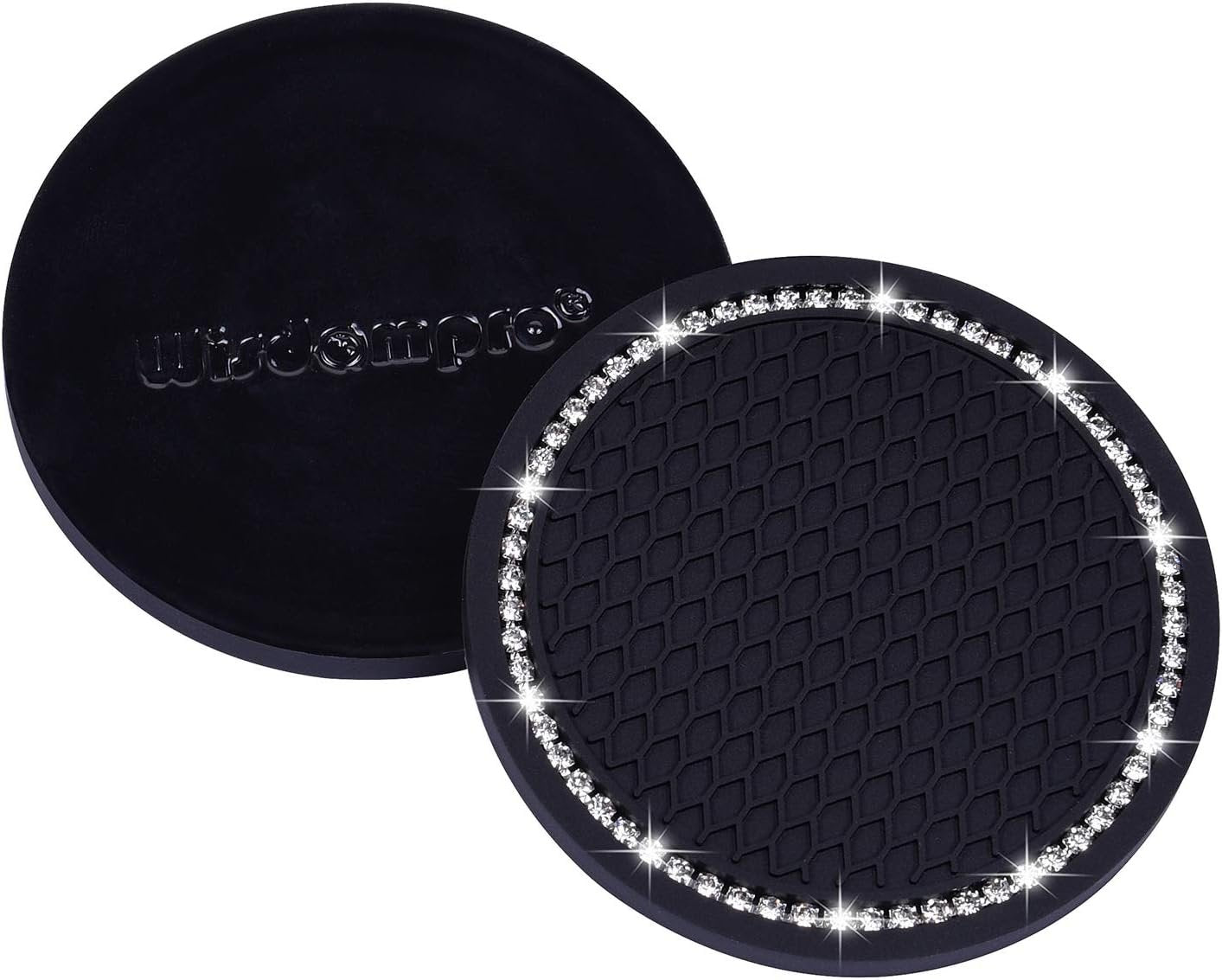 Bling Car Coasters, Wisdompro 4 Pack PVC Car Cup Holder Insert Coaster - Anti Slip Universal Vehicle Interior Accessories Crystal Glitter Cup Mats for Women and Men(2.75" Diameter, Black)