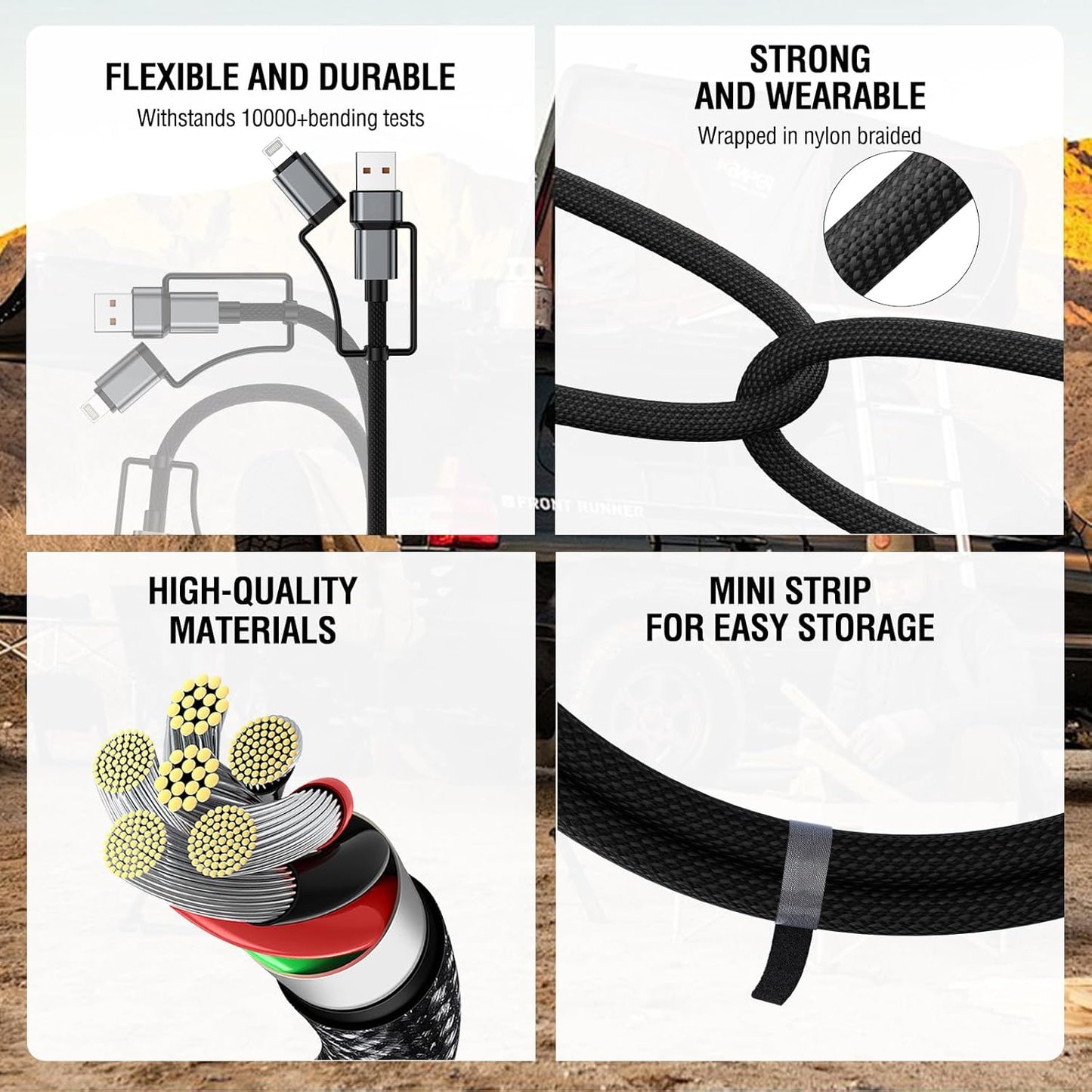 4smarts 6-in-1 Outdoor Explorer Lightning/USB-A/USB-C to USB-C Cable with Emergency Light & Fire Starter, 60W Charging Cable with Survival Tools, 4ft/1.2m Rugged Design for Camping, Hiking & Travel