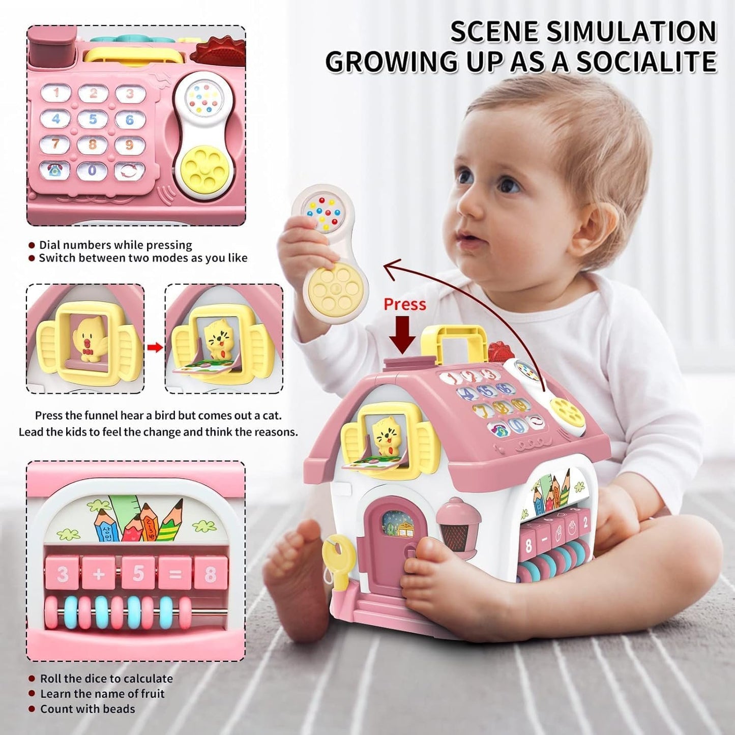 Montessori Toys for 1+ Year Old Girl - Toddler Toys Age 1-2, 8-in-1 Toys with Sound/Lights/Music/Clock/Telephone/Car, Smart Learning Home