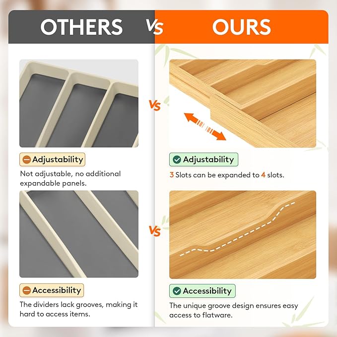 Lifewit Utensil Drawer Organizer, Expendable Cooking Silverware Tray for Kitchen Drawer, Bamboo Adjustable Cutlery Flatware Holder, Spatula Tools and Gadgets Storage Divider, 4 Compartments, Natural