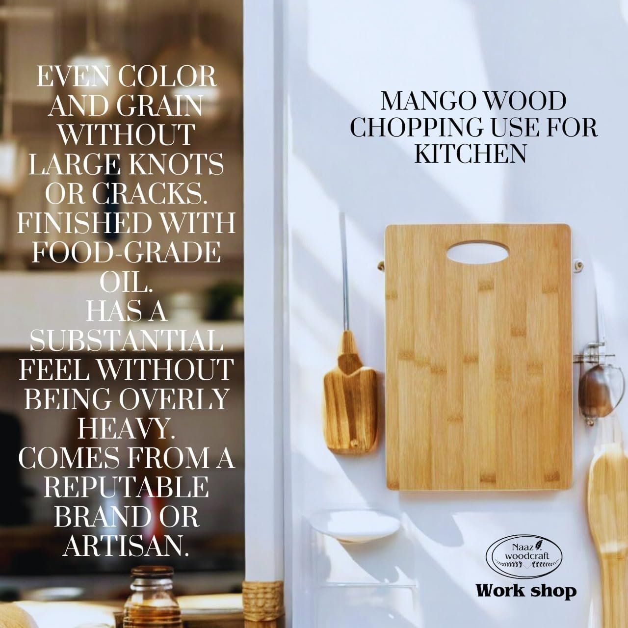 Premium Mango Wood Cutting Board – Durable Wooden Chopping Board with Handle for Kitchen, Cheese, Meat & Veggies – Eco-Friendly & Knife-Friendly – Rustic Serving Tray by Naaz Woodcraft
