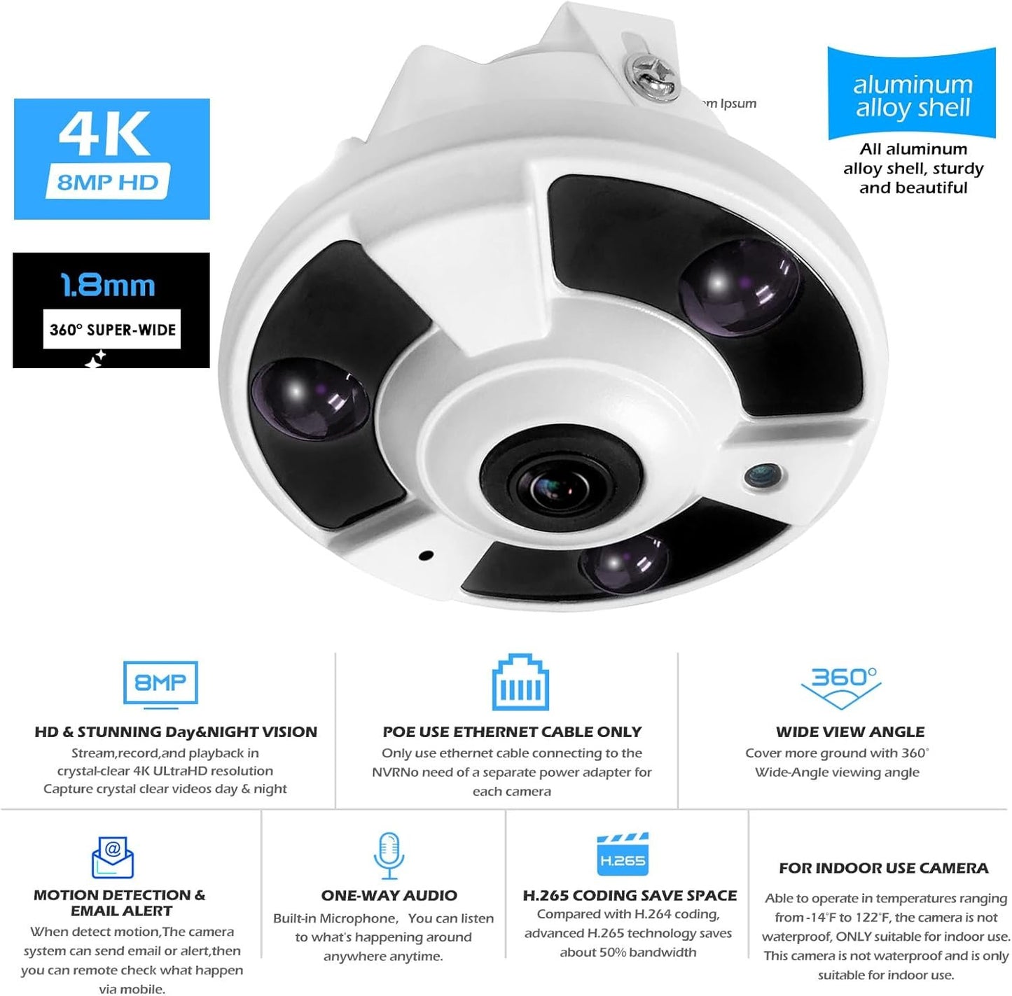 Audio 8MP 4K Ultra HD IP POE Security Camera,1.8mm Wide Angle Fisheye Panoramic Lens Camera 360 Degree Night Vision,AI Human Detection, Built-in Mic Compatible with NVR