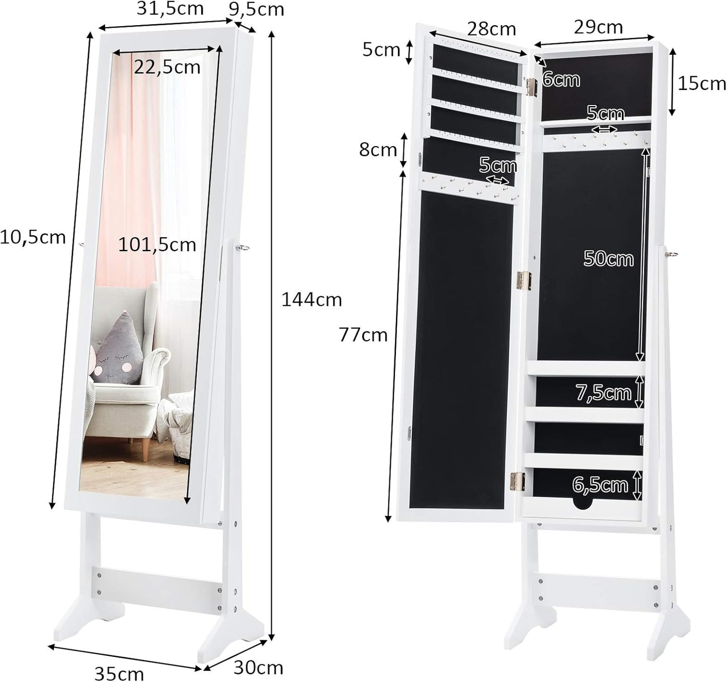 COSTWAY Floor Standing Jewellery Cabinet with 3 Corner Mirror, Jewellery Box Organizer for Bedroom Jewellery, 35 x 30 x 144 cm (White)