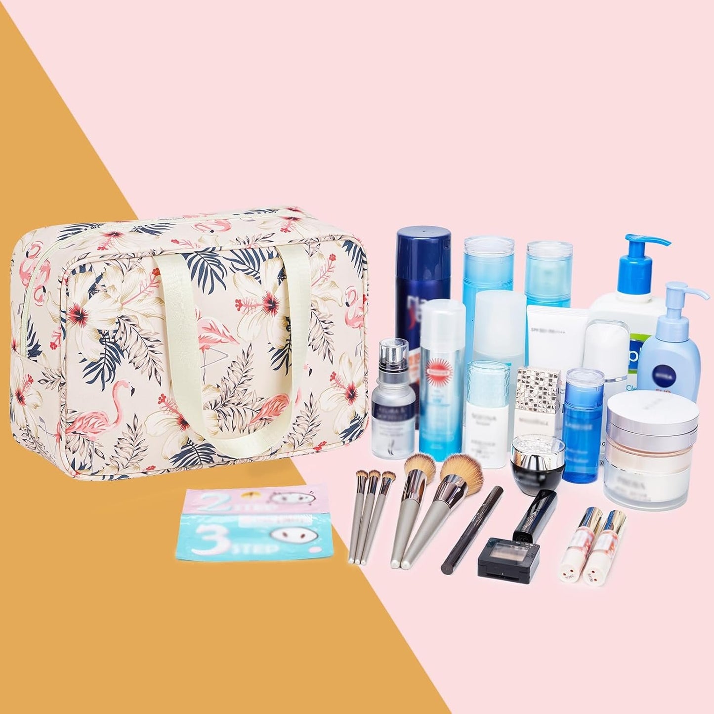 Narwey Large Toiletry Bag Women Travel Toiletries Makeup Cosmetic Bag Make Up Bags Organizer Medicine Mens (Beige Flamingo)
