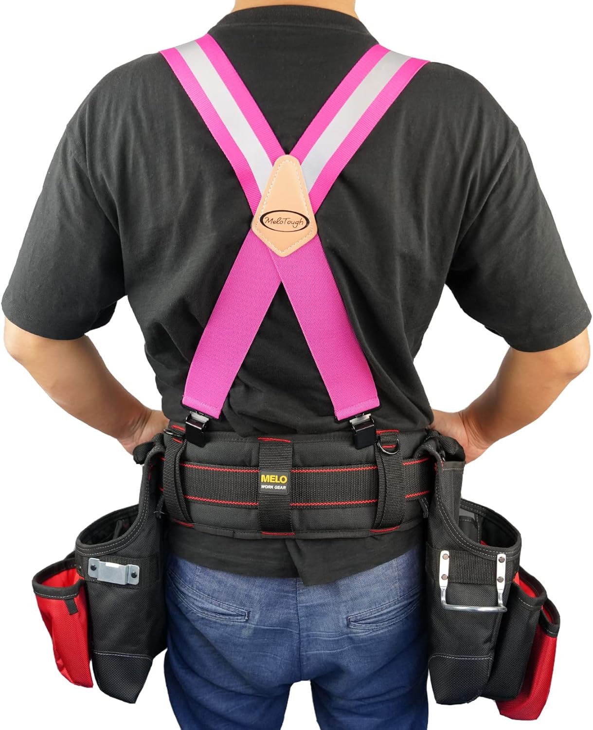 Reflective Safety Pink Suspenders|Work Suspenders with Hi Vis Reflective Strip Hold Up Tool Belt Suspenders Pink Relective, Adjustable Size