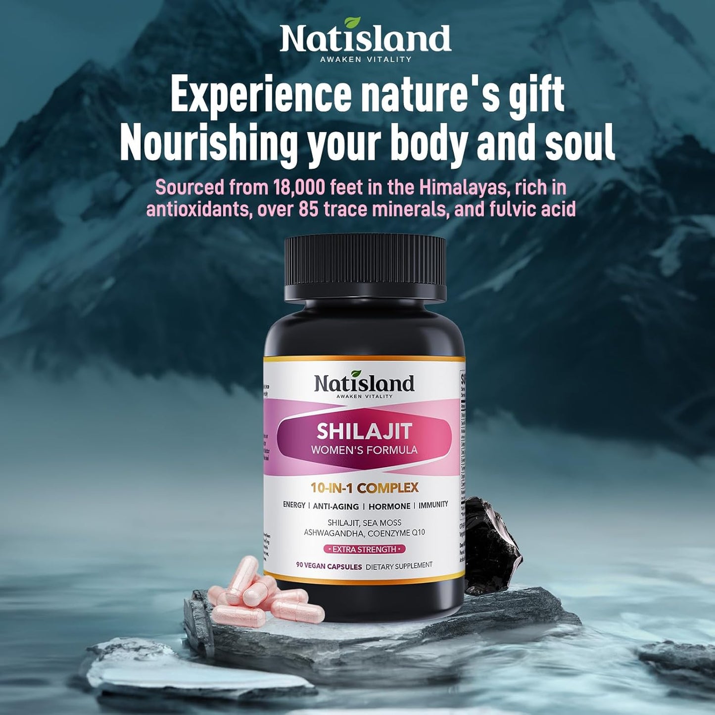 Shilajit for Women, Pure Himalayan Shilajit with Ashwagandha, Sea Moss, Coenzyme Q10, Energy & Immune Support, Anti-Aging & Wellness Support, Vegan, 90 Count, Natural Trace Minerals & Fulvic Acid