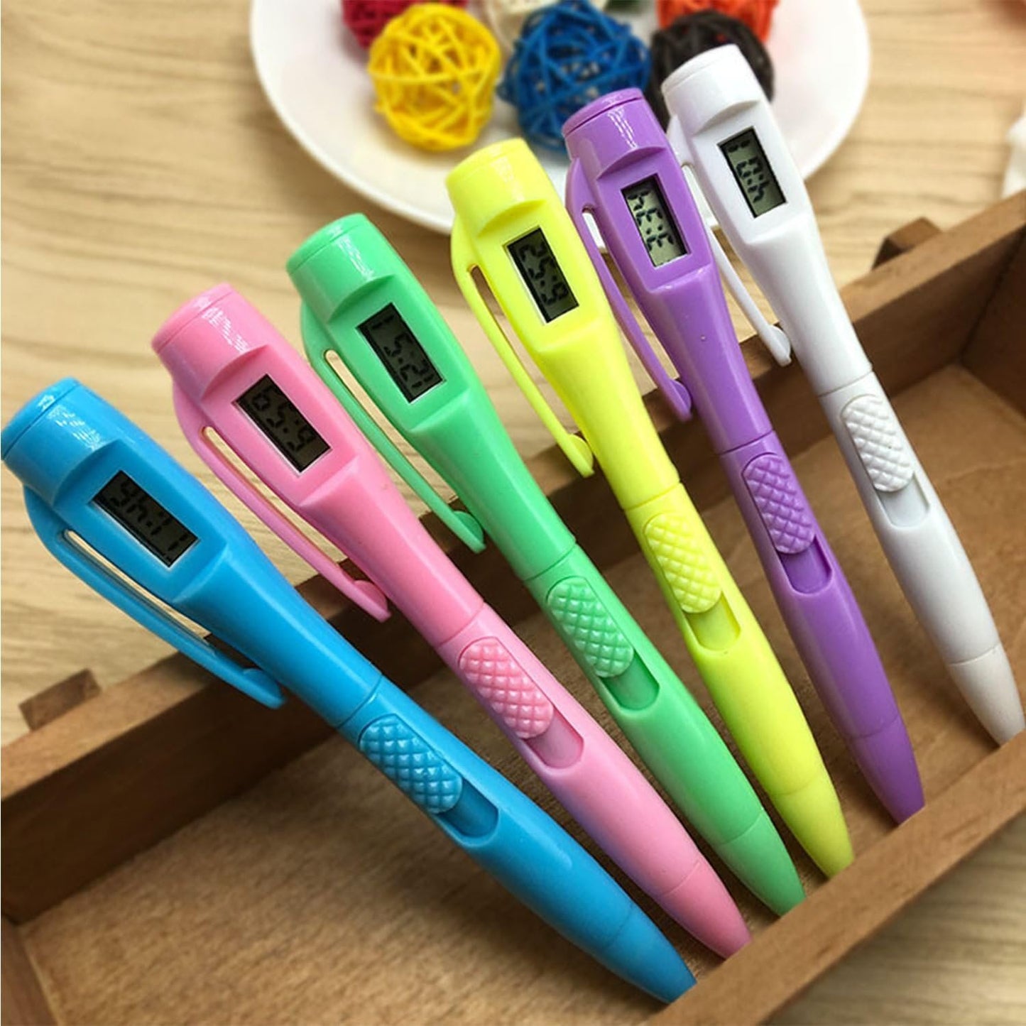6pcs Ballpoint Pen with Electronic Watch 0.5MM Fine Point Pen with Time Clock for Examing, Writing and Note Taking, School Stationery Supplies(Blue+White+Green+Pink+Purple+Yellow)