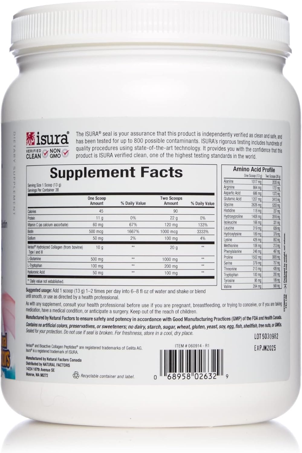 Natural Factors - Total Body Collagen Bioactive Peptides Unflavoured, 500g Powder - Complete Amino Acid Supplement with Hyaluronic Acid, Glutamine and Biotin - Hydrated Skin, Muscle & Joint Recovery