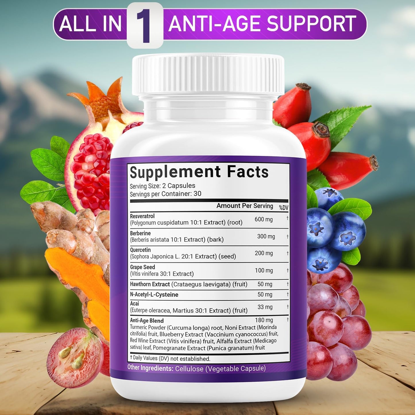 JB Wellness Resveratrol Grape Seed Extract, Berberine, Quercetin - Polyphenol Supplement for Women and Men with Noni Extract, N-Acetyl Cysteine, Acai Extract - 60 Capsules