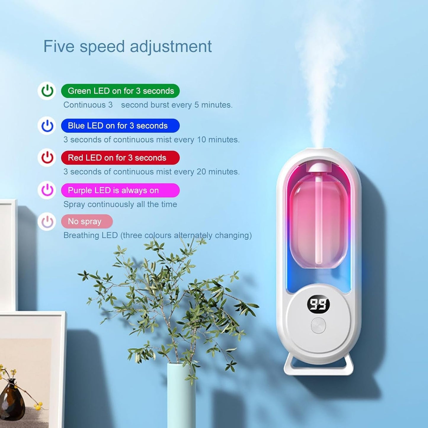 Wall Mounted Essential Oil Diffuser, Intelligent Cold Air Technology Aromatherapy Diffuser 5 Level Digital Display Control Spray Cordless Portability for Home Large Room,Office,Car