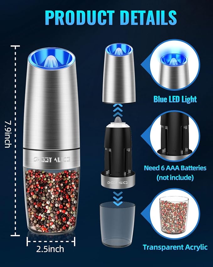 Gravity Electric Pepper and Salt Grinder Set, Salt and Pepper Mill & Adjustable Coarseness, Battery Powered with LED Light, One Hand Automatic Operation, Stainless Steel (Set/Silver)