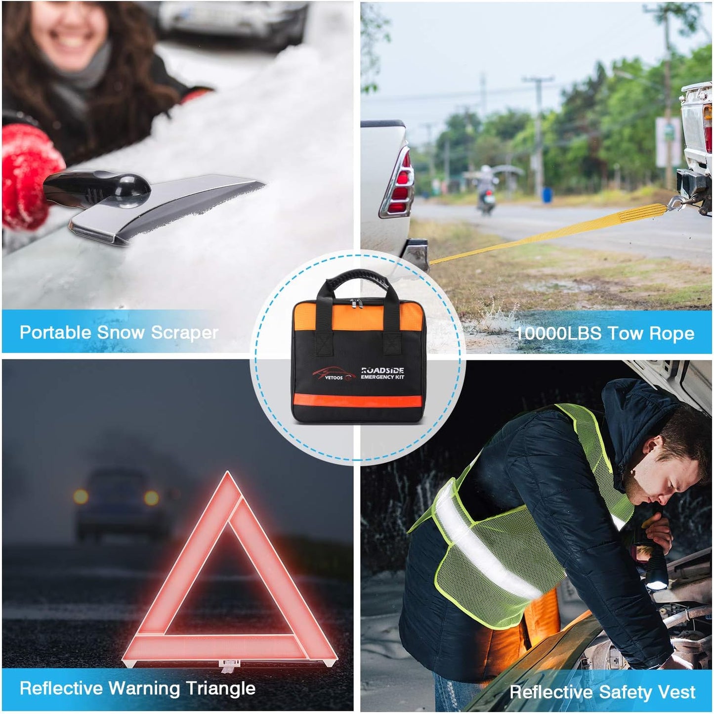 Vetoos Car Roadside Emergency Kit with Jumper Cables, Auto Vehicle Safety Road Side Assistance Kits, Winter Car Kit Essentials for Women and Men, with Car Repair Tool Set, Folding Survival Shovel