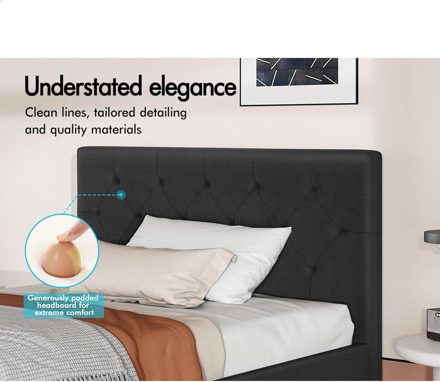 ALFORDSON Bed Frame Base Single Size, Bed Platform Foundation with Linen Fabric Upholstered Tufted Headboard for Mattress Topper, Madelyn Fabric Charcoal