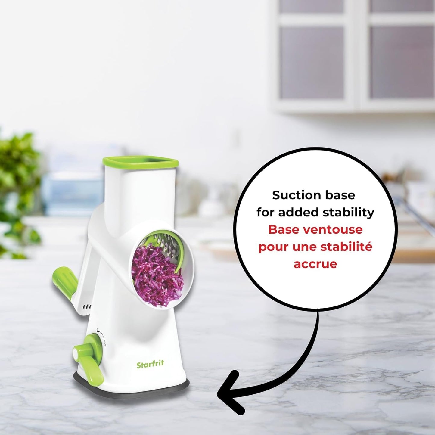 Starfrit Rotary Drum Grater - 4 Interchangeable Stainless Steel Drums - Slicing, Coarse and Fine Grating, Ice Shaving - Great for Vegetables, Cheese, Nuts, Chocolate