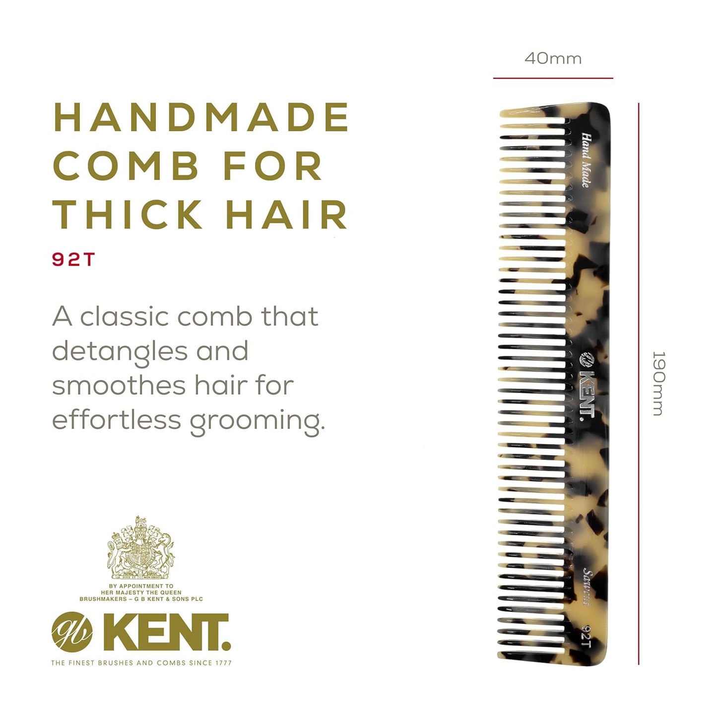 Kent 92TW Wide Tooth Women’s Detangler Comb for Curly, Wavy, and Thick Hair – Ideal for Use on Wet Hair – Gentle, Shower Comb for – Anti-Static, Smooth - Styling Tool by Kent