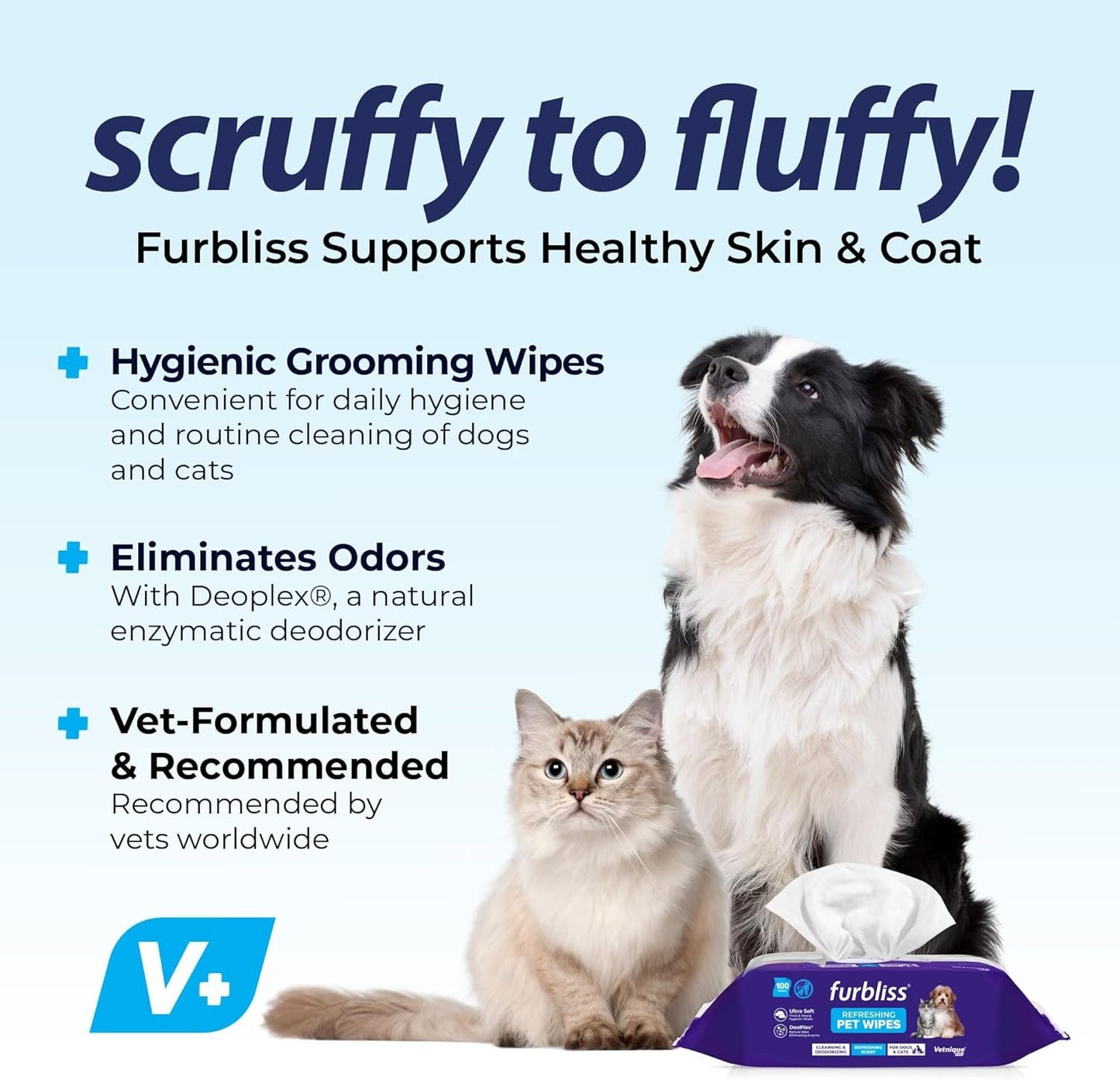Furbliss Hygienic Pet Wipes for Dogs & Cats, Cleansing Grooming & Deodorizing Hypoallergenic Thick Wipes with All Natural Deoplex Deodorizer by Vetnique Labs (100ct, Refreshing Scent)
