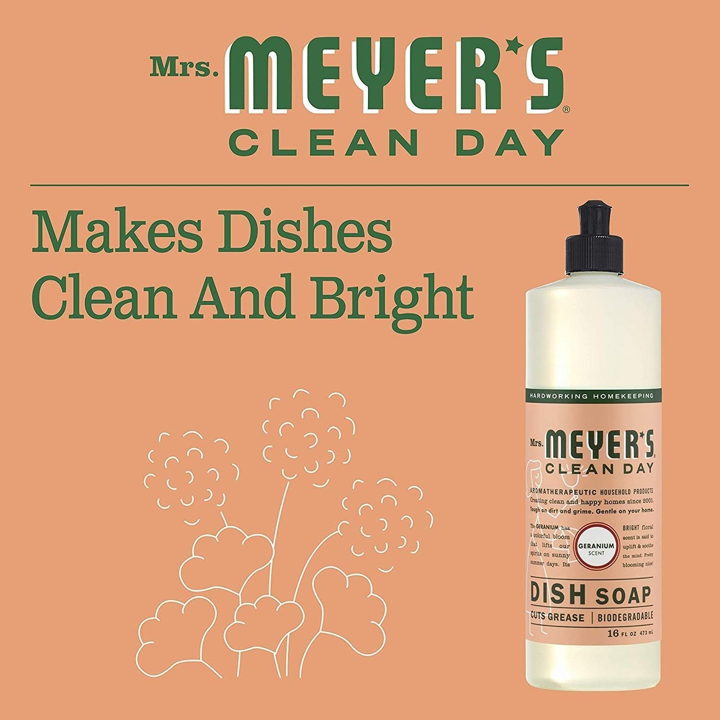 Mrs. Meyer's Clean Day Dish Soap, Cruelty Free and Biodegradable Dishwashing Liquid, Geranium Scent, 473 ml Bottle
