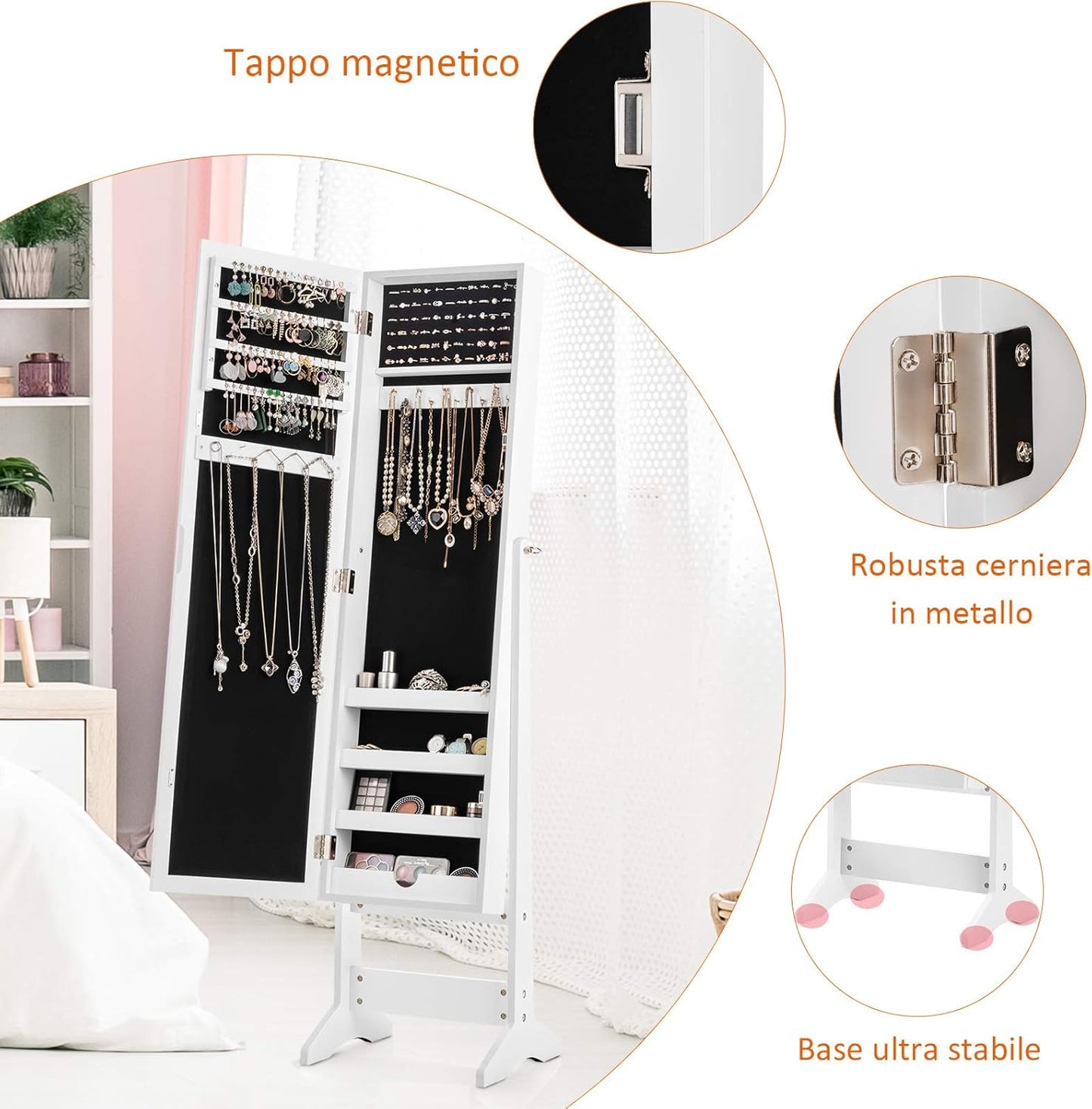 COSTWAY Floor Standing Jewellery Cabinet with 3 Corner Mirror, Jewellery Box Organizer for Bedroom Jewellery, 35 x 30 x 144 cm (White)