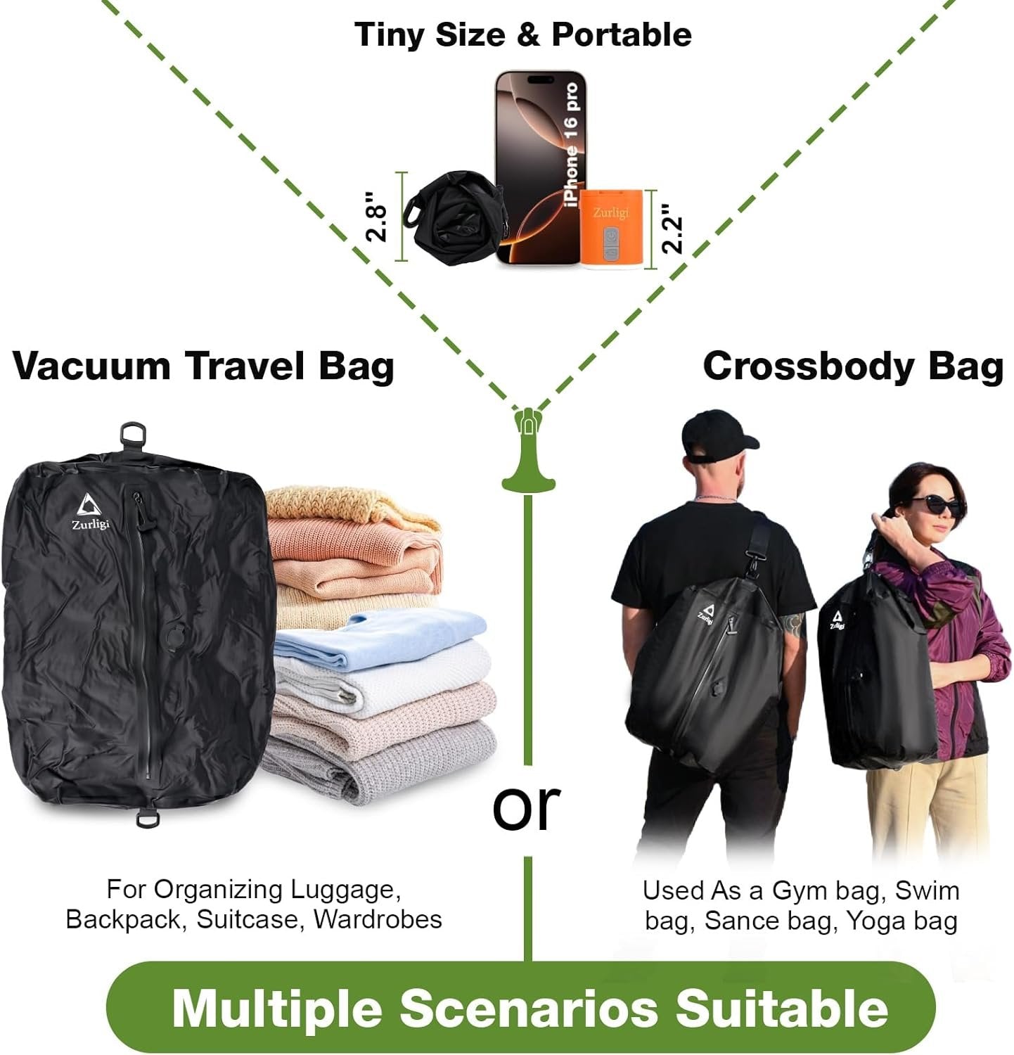 Zurligi Vacuum Bags for Travel with Pump, 40L Vacuum Compression Bag with Adjustable Shoulder Strap, IP67 Reusable Vacuum Packing Cubes for Luggage, Backpack, Suitcase, Yoga, Swim, Beach (2 PCS Black)