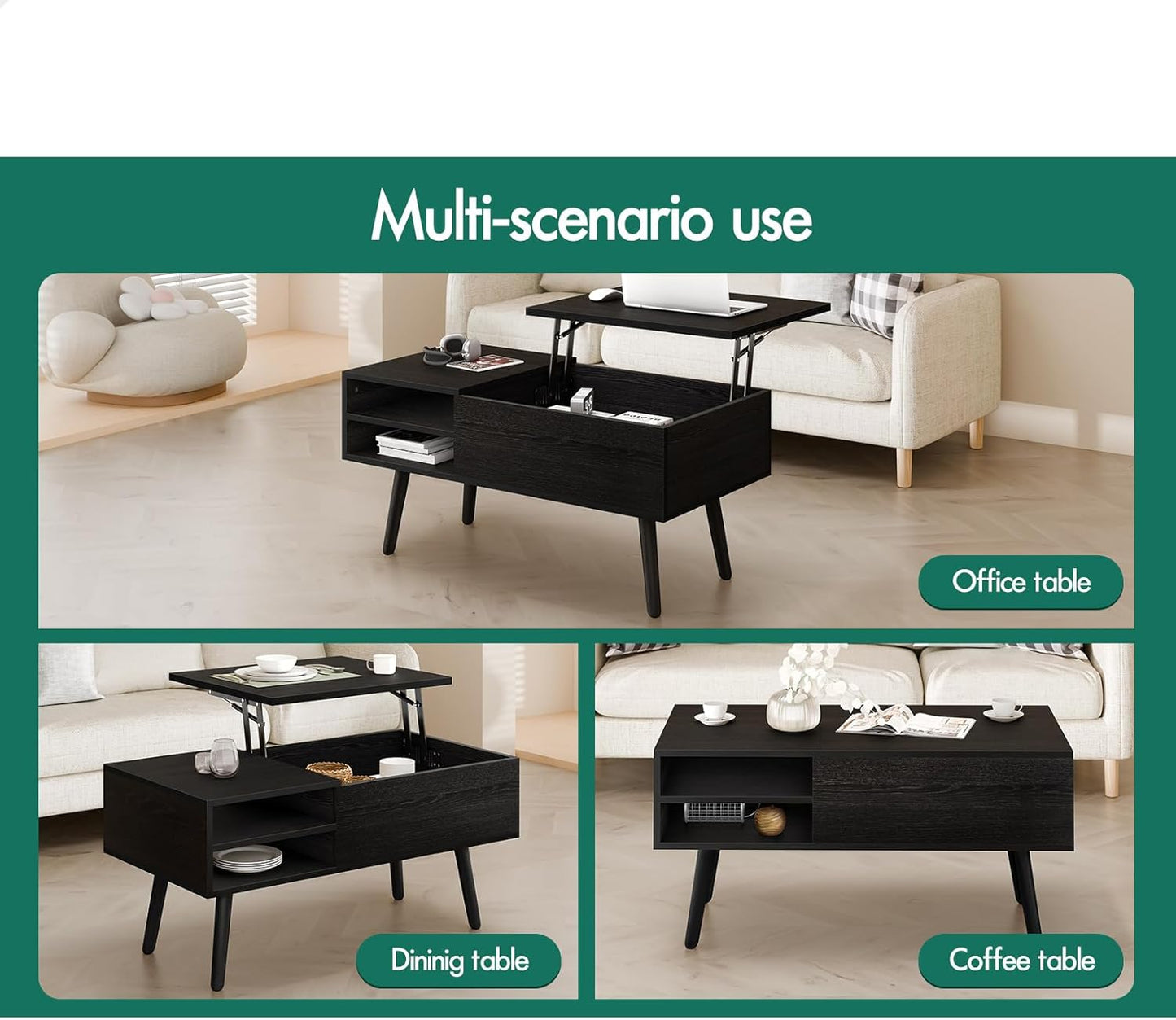 ALFORDSON Lift Tabletop Coffee Table Center Table Black Color, Living Room Office Reception Dining Table with Rising Top, Hidden Storage and Side Open Shelves